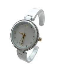 Olivia Pratt White Round Face Rhinestone Bezel Soft Bangle Women Watch