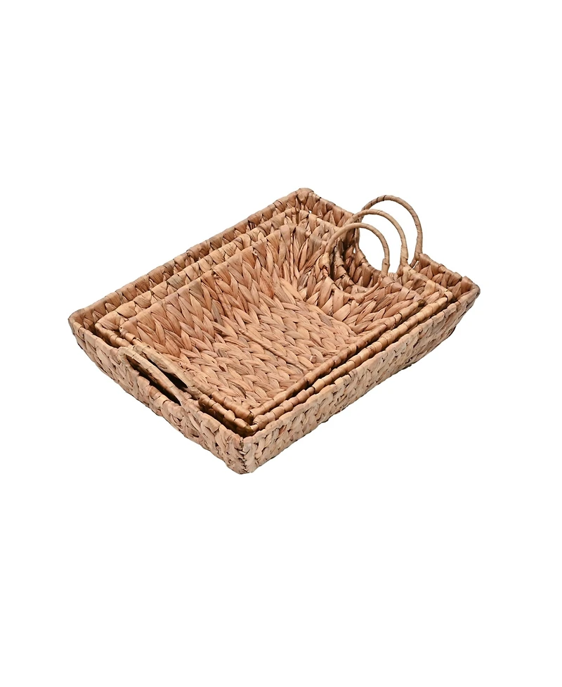 Hand-Woven Hyacinth Rectangular Decorative Basket Trays with Handles (Set of 3)