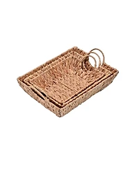 Hand-Woven Hyacinth Rectangular Decorative Basket Trays with Handles (Set of 3)