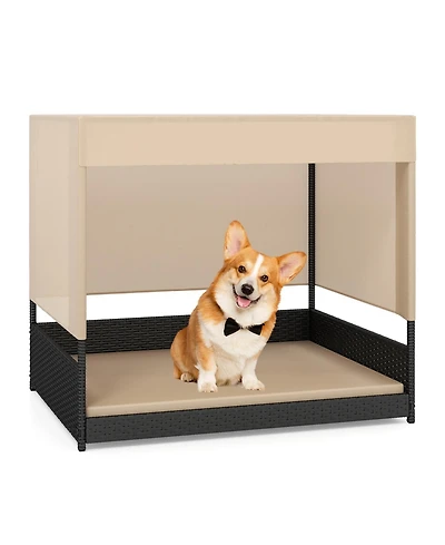 Gymax Outdoor Dog Shelter w/Cushioned Bed & Removable Sunproof Canopy Raised Legs