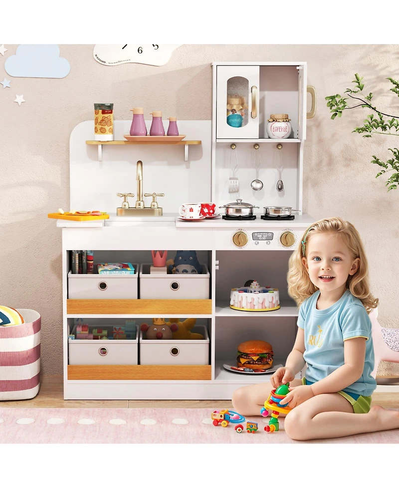 Gymax Kids Kitchen Playset Toy Play Kitchen w/ 4 Fabric Drawers Stoves Oven & Faucet
