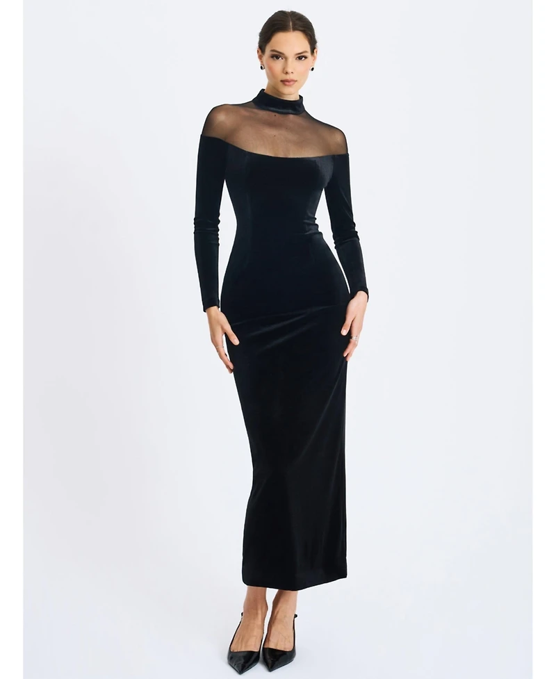 Miss Circle Women's Blair Black Sheer Mock Neck Maxi Dress