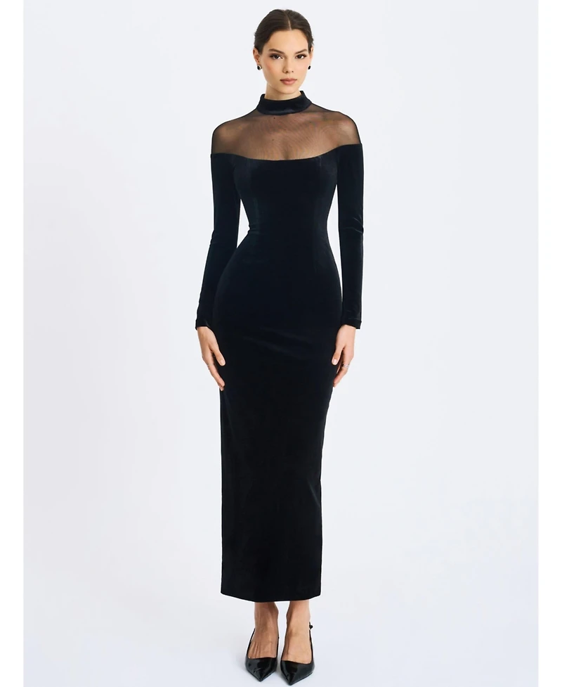 Miss Circle Women's Blair Black Sheer Mock Neck Maxi Dress