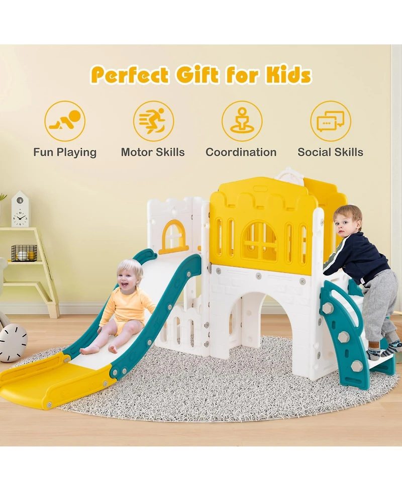 Gymax 9 in 1 Toddler Slide L Shaped Kids Slide and Climber Playset w/ Basketball Hoop