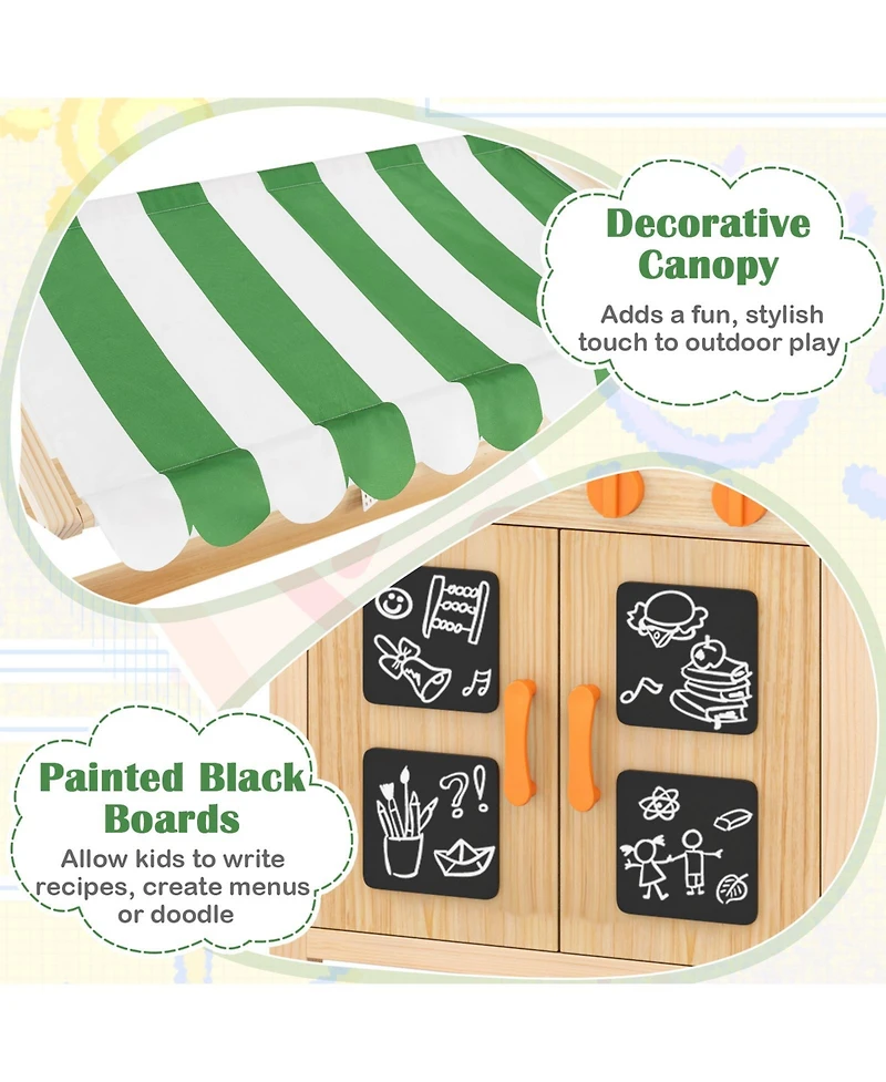 Gymax Kids Mud Kitchen Outdoor Wooden Pretend Play Kitchen w/ 4 Stoves, Canopy Faucet