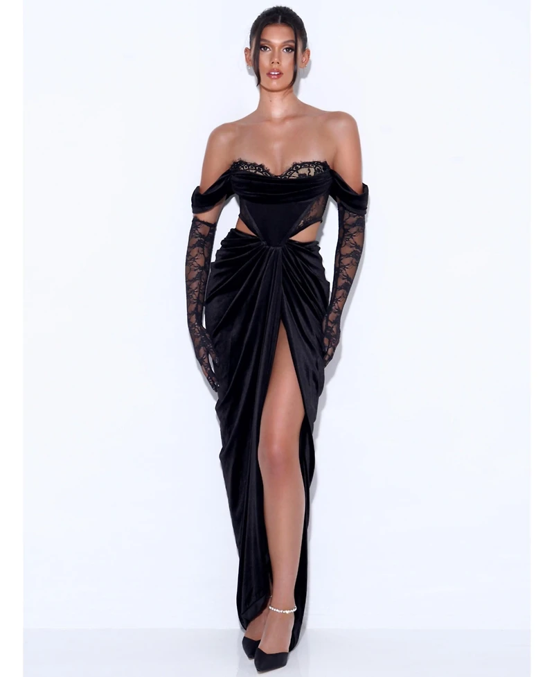 Miss Circle Women's Quintessa Black Lace Velvet Corset Off Shoulder Gown