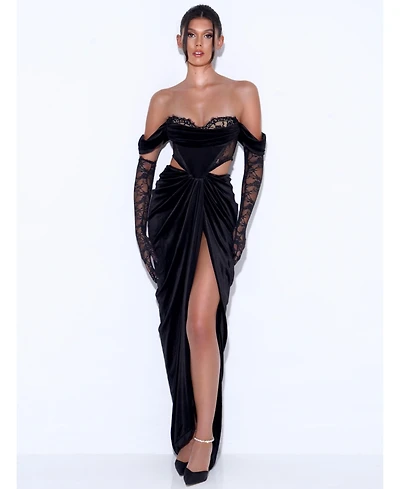 Miss Circle Women's Quintessa Black Lace Velvet Corset Off Shoulder Gown