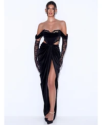 Miss Circle Women's Quintessa Black Lace Velvet Corset Off Shoulder Gown