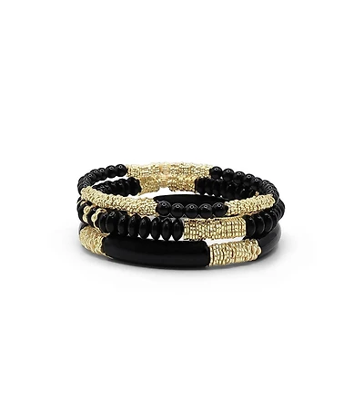 Black Beads and Gold Plated Textured Bead Bracelet Stack