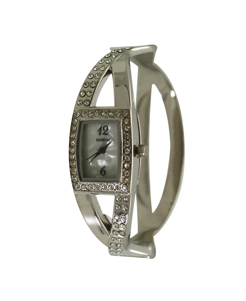 Olivia Pratt Silver Rhinestones And Pearl Tone Bangle Watch