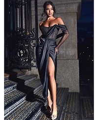 Miss Circle Women's Stella Black Off Shoulder Crystal Corset Satin Gown
