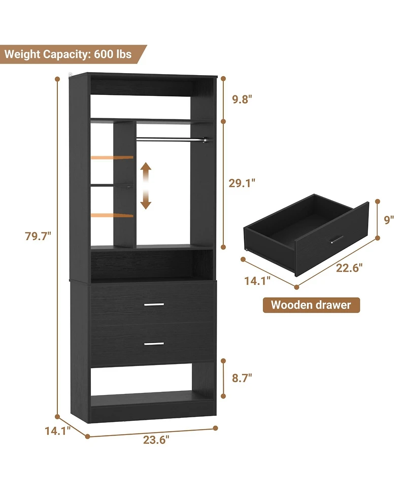 Aheaplus 23.6'' Freestanding Closet System with 2 Drawers and 6 Shelves, 2FT Small Walk-in Organizer Hanging Rod