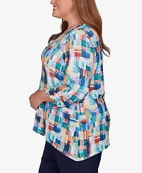 Alfred Dunner Plus Saratoga Springs Tile Print Colorblock Textured Top