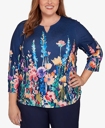 Alfred Dunner Plus Saratoga Springs Vertical Floral Border Knit Top