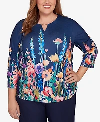 Alfred Dunner Plus Saratoga Springs Vertical Floral Border Knit Top