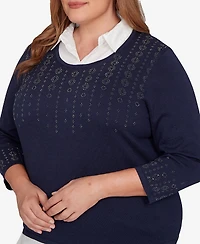 Alfred Dunner Plus Saratoga Springs Metallic Studded Textured Two One Sweater