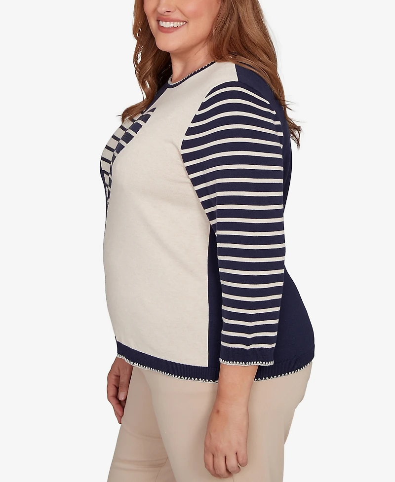 Alfred Dunner Plus Saratoga Springs Heart Motif Detail Striped Sweater