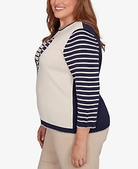 Alfred Dunner Plus Saratoga Springs Heart Motif Detail Striped Sweater