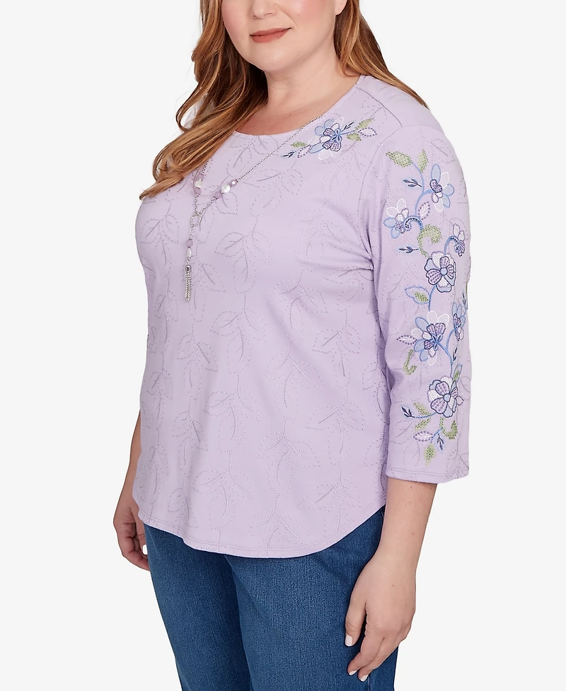 Alfred Dunner Plus Hilton Head Embroidered Sleeve Textured Top with Necklace
