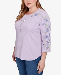 Alfred Dunner Plus Hilton Head Embroidered Sleeve Textured Top with Necklace