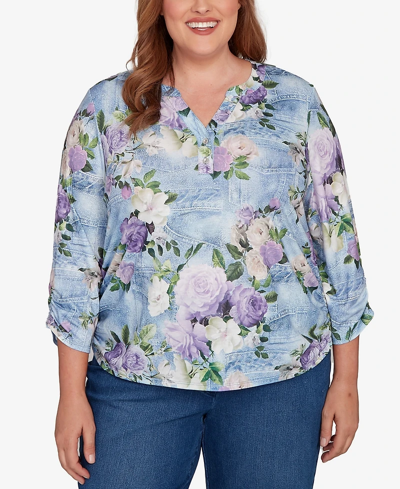 Alfred Dunner Plus Hilton Head Denim Floral Applique Henley Top