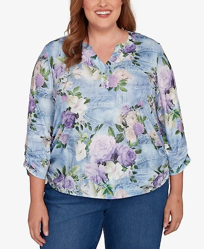 Alfred Dunner Plus Hilton Head Denim Floral Applique Henley Top
