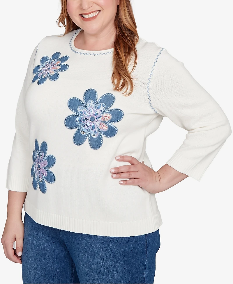 Alfred Dunner Plus Hilton Head Quilted Denim Applique Flower Sweater