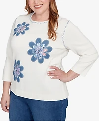 Alfred Dunner Plus Hilton Head Quilted Denim Applique Flower Sweater
