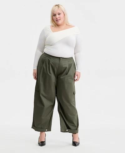Bar Iii Trendy Plus Cotton Wide-Leg Cargo Pants, Macy's Exclusive