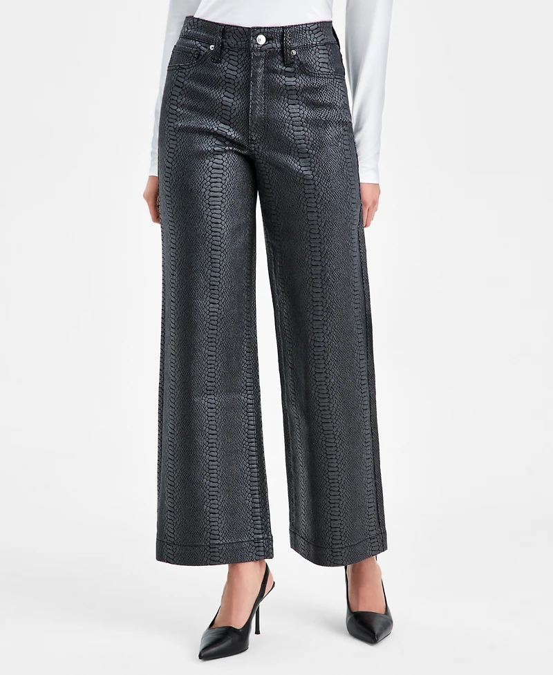 Bar Iii Women's Snakeskin-Print High Rise Wide Leg Jeans, Macy's Exclusive