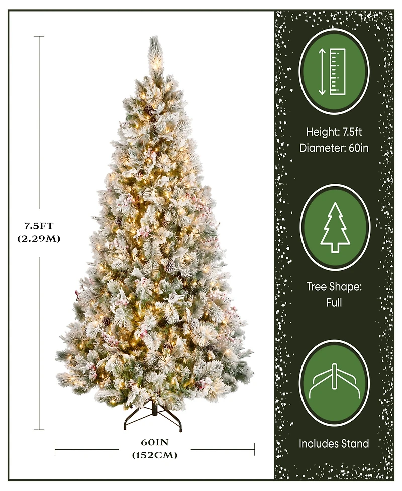 National Tree Company 7.5' Snowy Bedford Pine Tree with Red Berries, Cedar Leaves, Mixed Cones 700 Clear Lights