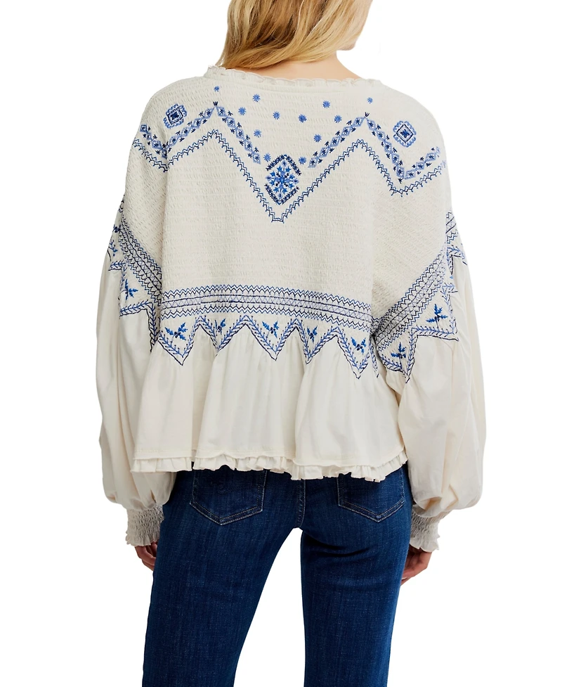 Free People Women's Holly Crewneck Geometric Embroidered Top