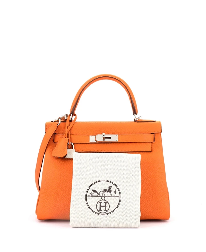 Pre-Owned Hermes Kelly 28 Handbag Orange Clemence with Palladium Hardware