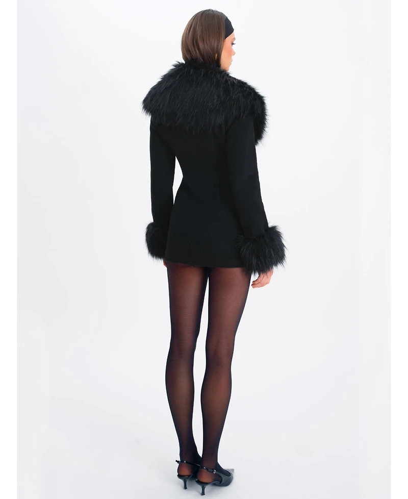 Miss Circle Women Hailee Black Single Breasted Wool Blend Mini Coat with Removable Fur Lapel