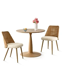 3-Piece 34.5" Round Dining Set with Wood-Look Pedestal Table and 2 Faux Rattan Back Chairs with Upholstered Seat and Tapered Legs-Maison Boucle