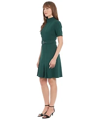 London Times Women's Belted Pleated Fit & Flare Dress