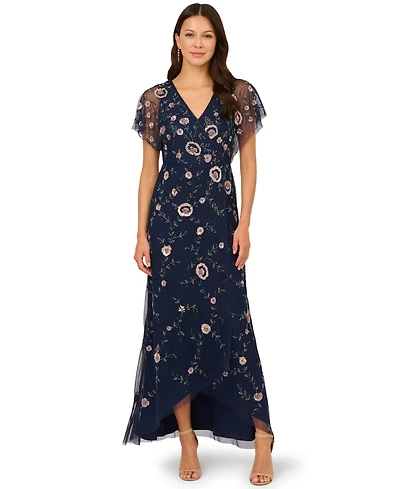 Adrianna Papell Women's Bead Flutter-Sleeve Midi Mesh Dress