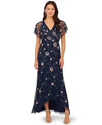 Adrianna Papell Women's Bead Flutter-Sleeve Midi Mesh Dress