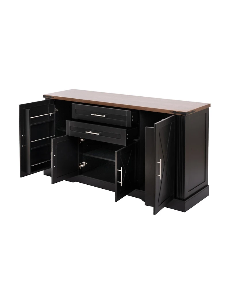 Streamdale 63" Farmhouse Barn Door Cabinet - Buffet Table/Coffee Bar, Black
