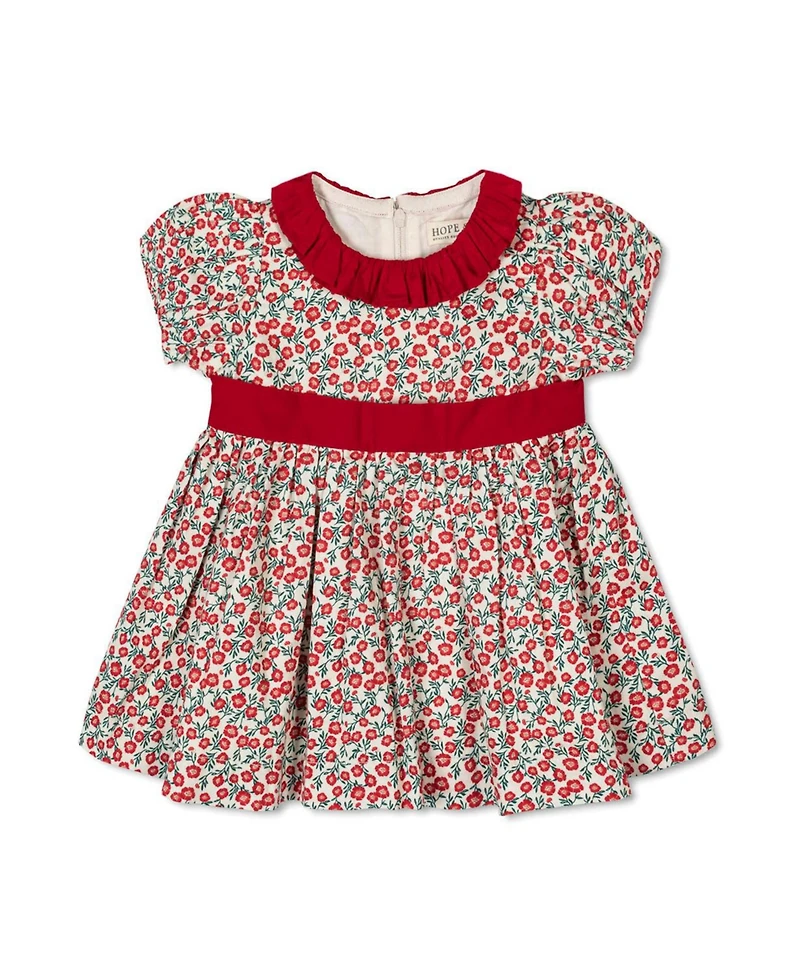 Hope & Henry Baby Girls Organic Puff Sleeve Ruffle Collar Sateen Dress