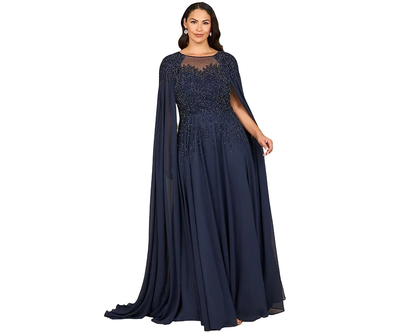 Lara Women's Chiffon A-line Long Gown with Cape Sleeves