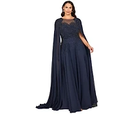 Lara Women's Chiffon A-line Long Gown with Cape Sleeves