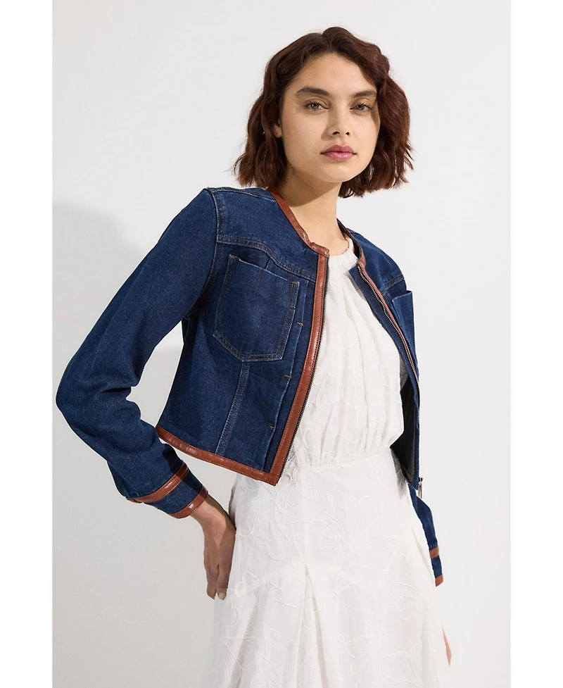 Karen Millen Women's Denim & Leather Collarless Jacket