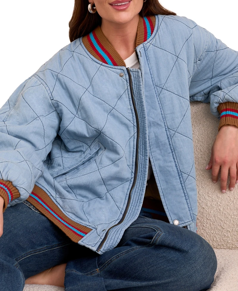 Tribal Women's Blue Thread Oversized Cotton Quilted Bomber Jacket