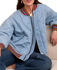 Tribal Women's Blue Thread Oversized Cotton Quilted Bomber Jacket