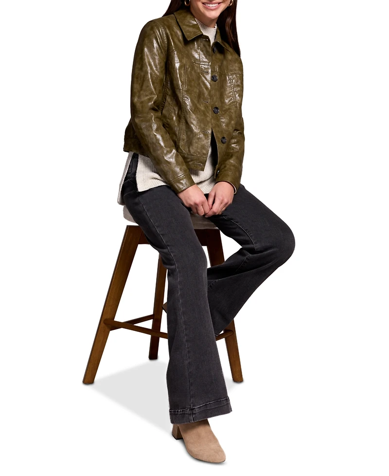 Tribal Women's Faux Leather Button-Front Collar-Accent Jacket