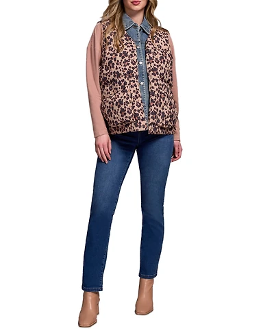 Tribal Women's Printed Leopard Shell Fooler Puffer Denim Vest