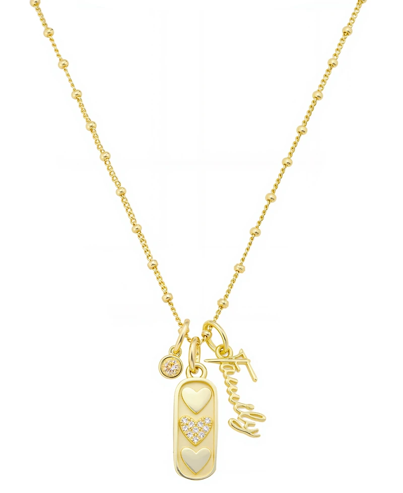 Unwritten "Family" Cubic Zirconia Bezel, Cubic Zirconia Triple Heart Beaded Chain Necklace