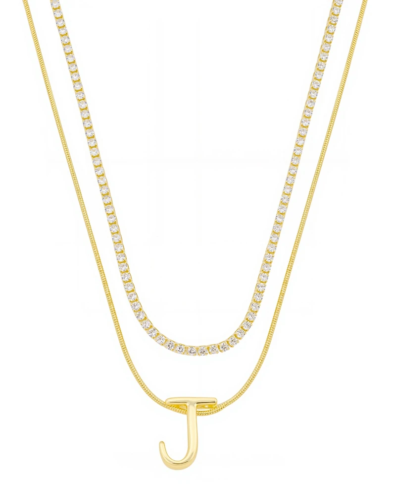 Unwritten Letter "J" Initial Snake Chain Cubic Zirconia Chain Necklace With Extender 2Pcs Set