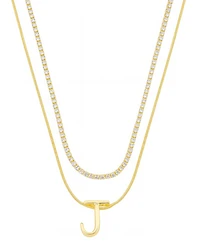 Unwritten Letter "J" Initial Snake Chain Cubic Zirconia Chain Necklace With Extender 2Pcs Set
